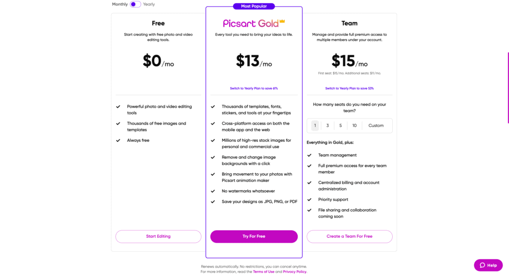 Picsart pricing